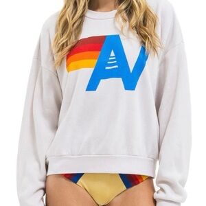 Aviator Nation Crewneck Relaxed Sweatshirt Stitched Logo White Rainbow Unisex